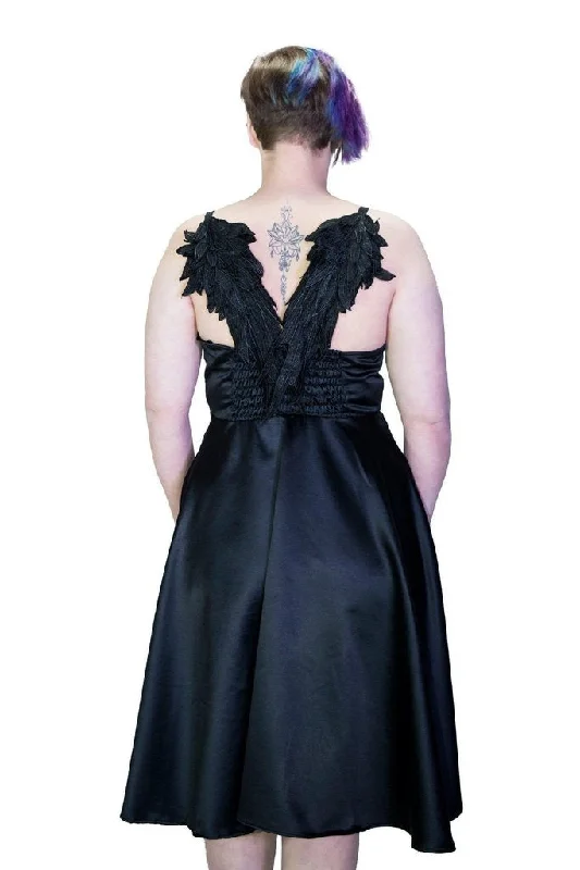Black Wings Raw Silk Plus Size Midi Dress - Angelique Plus Size V-neck