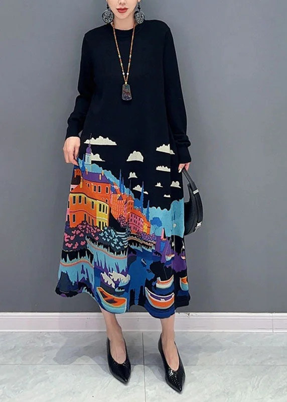 Beautiful Black O-Neck Print Knit Long Sweater Dresses Fall Oversized Sweater Dress