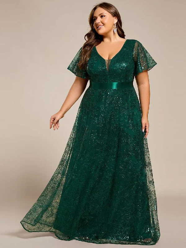 Plus Size Illusion Sequin V-neck Short Sleeve Maxi Formal Dress Plus Size Fitted