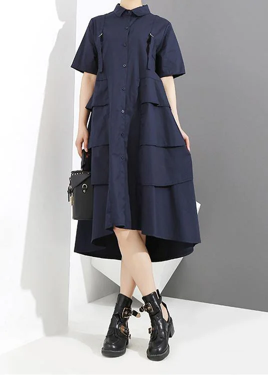 New Woman Summer Solid Blue Elegant Style Shirt Dress Mini Shirt Dress
