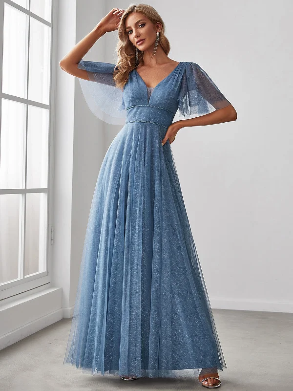 Wholesale Long Deep V Neck Maxi A-Line Tulle Evening Dress Tulle Dress Flow