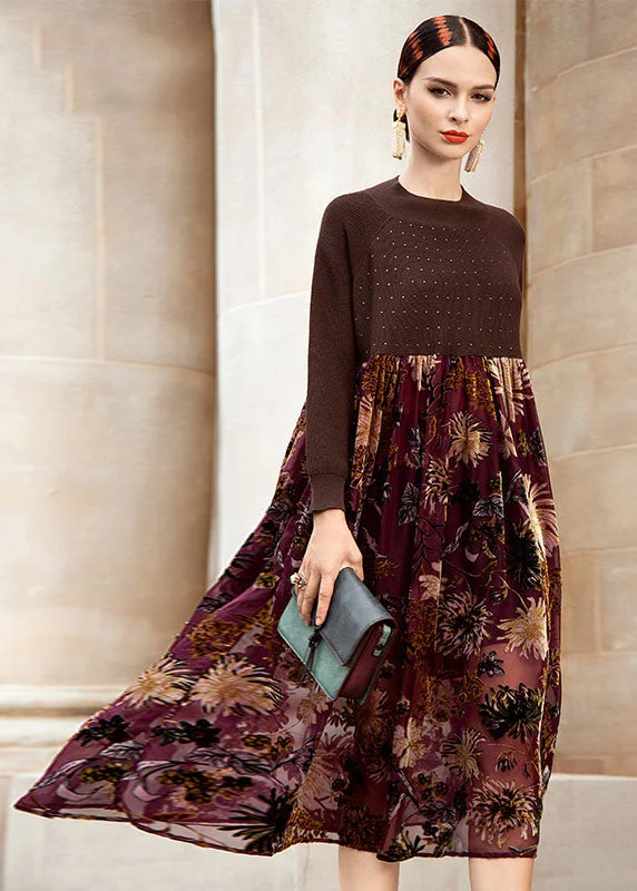 Bohemian Chocolate O-Neck Wrinkled Print Patchwork Knit Sweater Dress Fall Soft Knit Sweater Bohemian Chocolate O-Neck Wrinkled Print Patchwork Knit Sweater Dress Fall Soft Knit Sweater