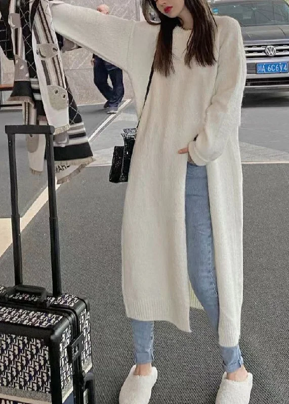 Italian White O Neck Side Open Patchwork Knit Sweaters Dress Fall Knit Sleeve Dress