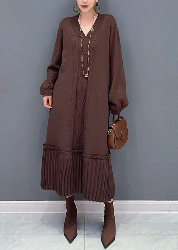 Natural Brown V Neck Patchwork Knit Maxi Sweater Dress Fall Long Knit Sweater Dress