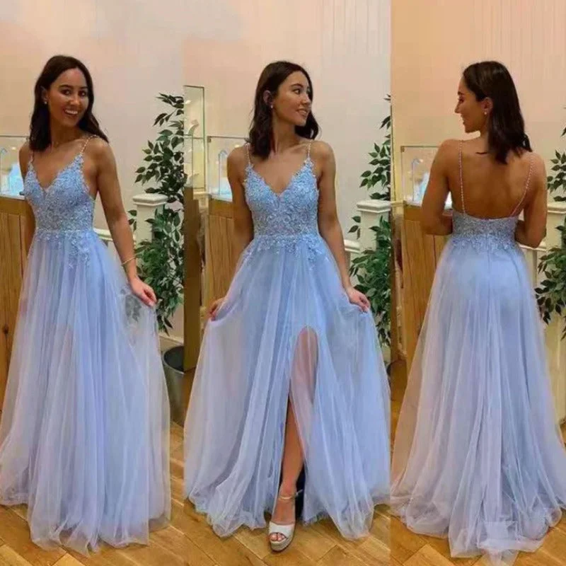 Blue Applique Lace V-Neck Tulle Formal Prom Dresses EV1016 Tulle Dress Glow