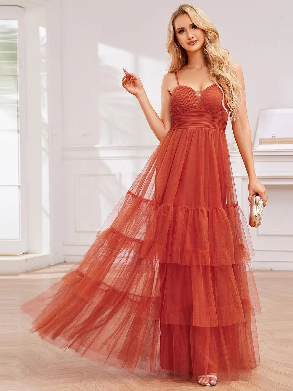 Romantic Spaghetti Straps Sweetheart Neckline See-Through A-Line Layered Tulle Dress Tulle Wedding Dress