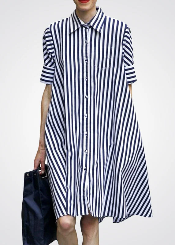 Women Blue Peter Pan Collar Striped Cotton Shirt Dress Short Sleeve Flowy Shirt Dress Women Blue Peter Pan Collar Striped Cotton Shirt Dress Short Sleeve Flowy Shirt Dress
