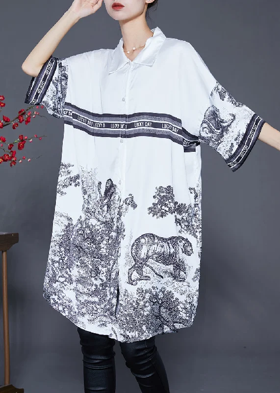 Casual White Oversized Print Ice Silk Shirt Dress Summer A-line Shirt Dress