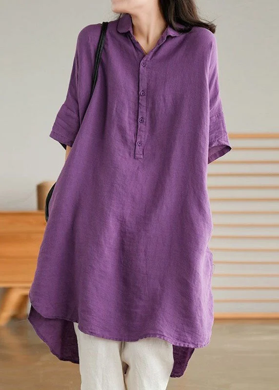 Style Purple Peter Pan Collar Button Linen Shirts Summer Oversized Shirt Dress