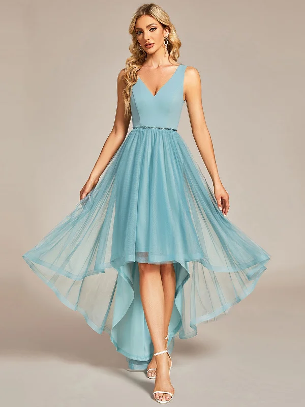 Pretty High Low V Neck Tulle Wholesale Prom Dresses Elegant Tulle Dress