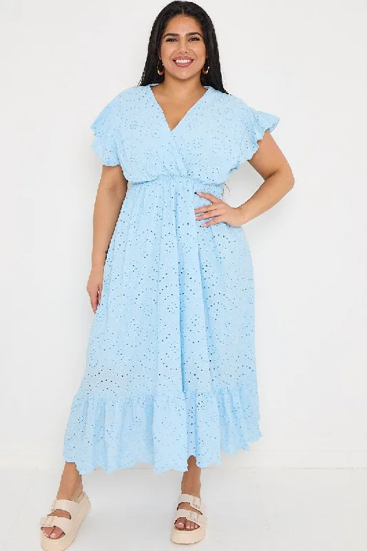 Plus Size Powder Blue Broderie Lace Wrap Top Frill Hem Dress Plus Size Summer