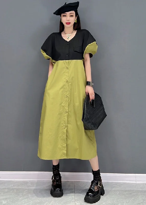 Slim Fit Green Colorblock V Neck Patchwork Sashes Cotton Shirt Dress Puff Sleeve Modern Shirt Dress Slim Fit Green Colorblock V Neck Patchwork Sashes Cotton Shirt Dress Puff Sleeve Modern Shirt Dress