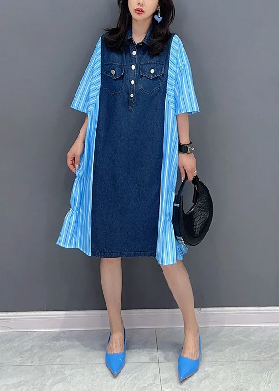 Italian Blue Striped Denim Patchwork Cotton Shirts Dresses Summer Boho Shirt Dress
