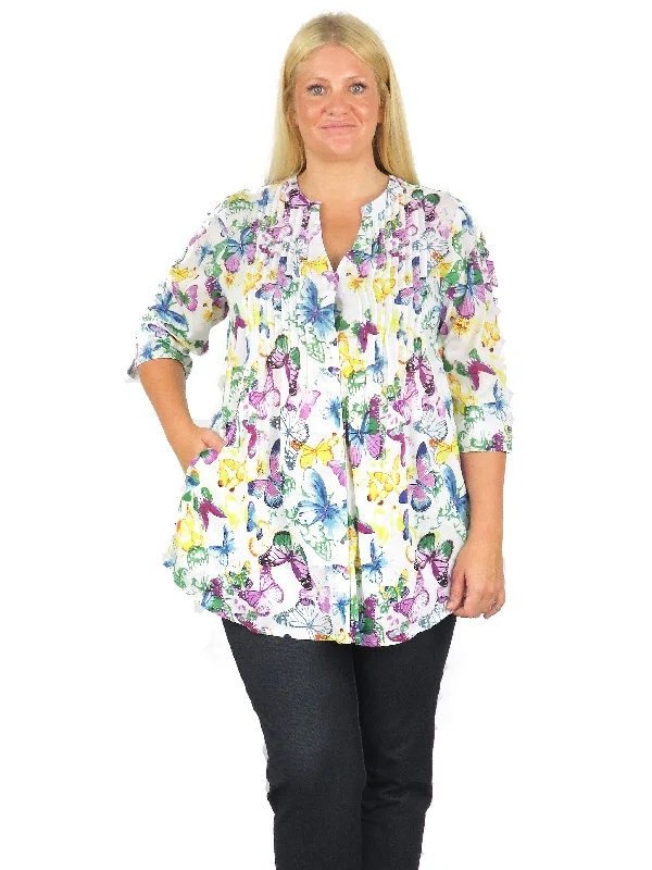 La Cera Rainbow Butterfly Print Pleated Tunic - Plus Size Plus Size Fit-and-flare