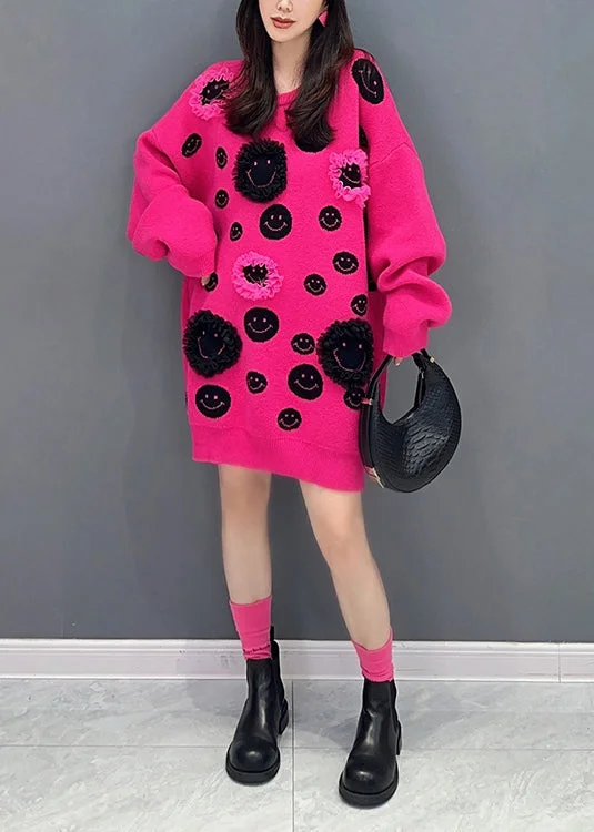 Stylish Rose O Neck Patchwork Knitted Sweaters Mid Dress Fall Elegant Knit Sweater