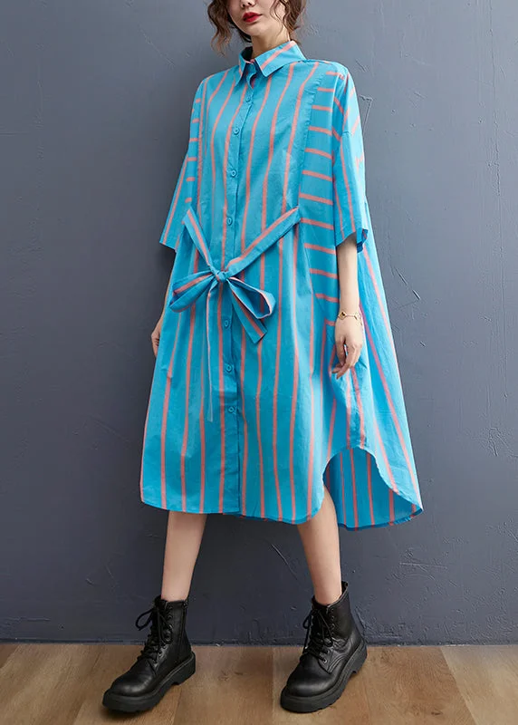 Fashion Blue Striped Peter Pan Collar Button tie waist Shirt Dress Half Sleeve Shirt Dress Combo Fashion Blue Striped Peter Pan Collar Button tie waist Shirt Dress Half Sleeve Shirt Dress Combo