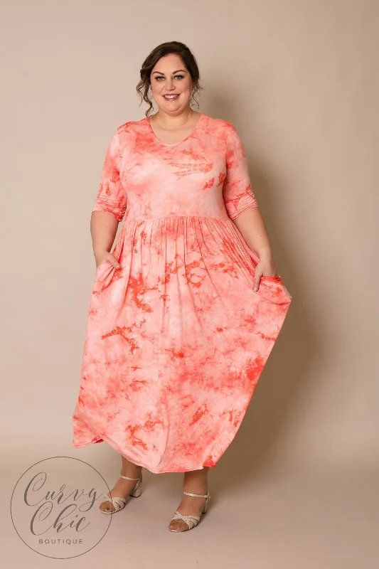 Tie Dye Stretchy Plus Size Maxi Dress with Pockets + Sleeves Plus Size Sleeves
