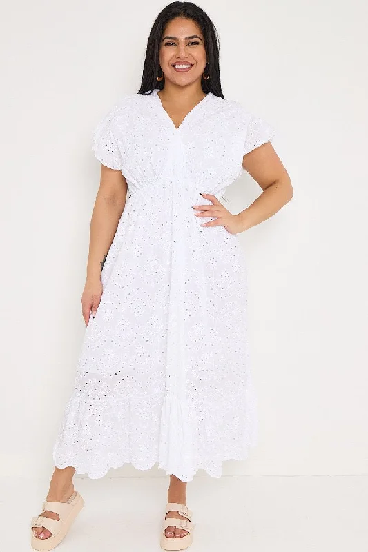 Plus Size White Broderie Lace Wrap Top Frill Hem Dress Plus Size Ruffles