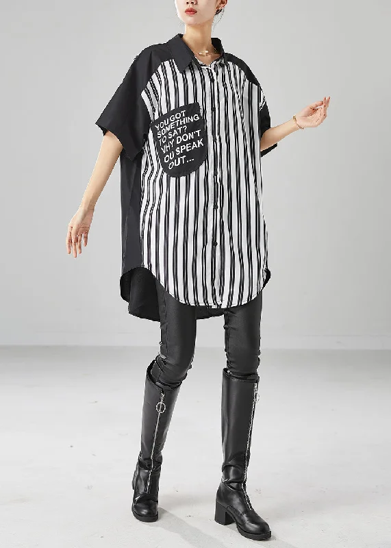 Simple Black Oversized Patchwork Striped Cotton Shirt Dress Summer Ruffled Shirt Dress Simple Black Oversized Patchwork Striped Cotton Shirt Dress Summer Ruffled Shirt Dress