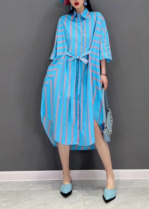 Italian Blue Peter Pan Collar Button tie waist Striped Shirt Dress Batwing Sleeve V-neck Shirt Dress Italian Blue Peter Pan Collar Button tie waist Striped Shirt Dress Batwing Sleeve V-neck Shirt Dress