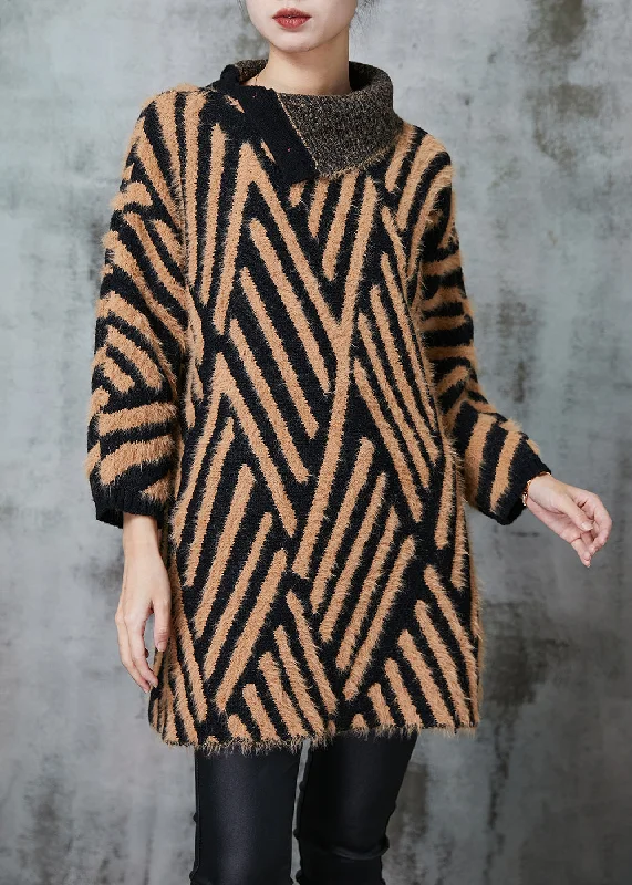 Chic Khaki Turtle Neck Striped Knit Long Sweater Winter Simple Knit Sweater