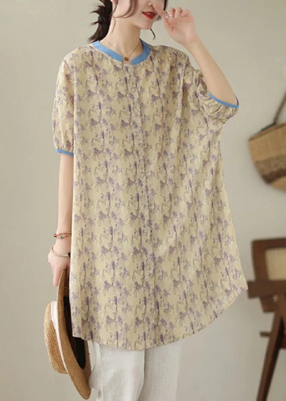 Women Khaki Oversized Print Linen Shirt Dress Summer Loose Shirt Dress