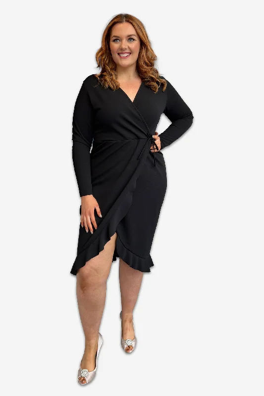 Plus Size Wrap Long Sleeved Midi Dress | Black or Red Elegant Plus Gown