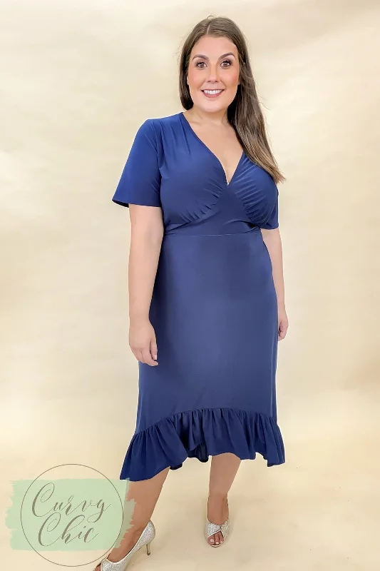 Aaraya Navy Plus Size Frilled Hem Midi Dress Plus Size Floral