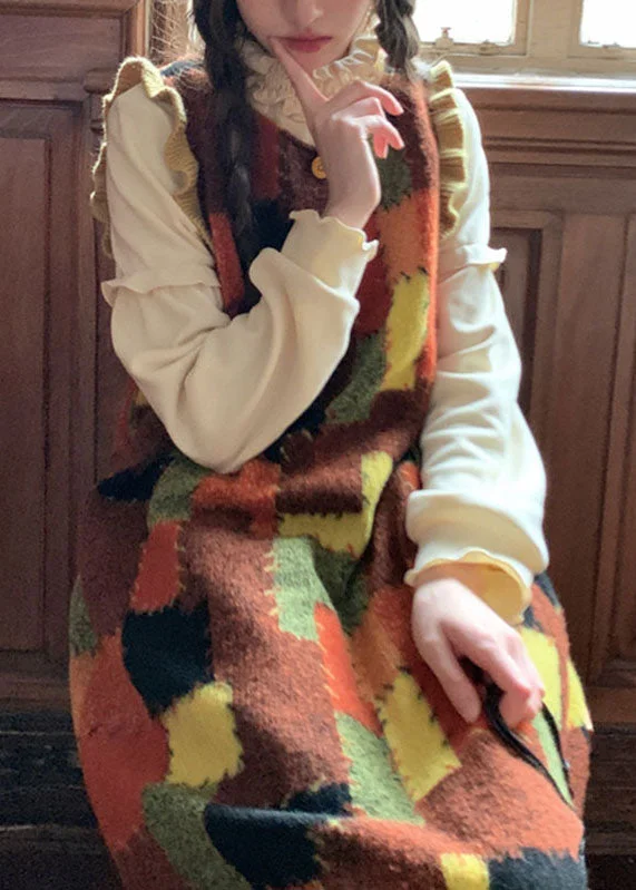 Boho Colorblock Ruffled Patchwork Cotton Knit Long Sweaters Dress Fall Color Block Sweater
