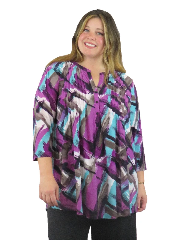 La Cera Pleat Front Geometric Printed Tunic - Plus Size Trendy Plus Size