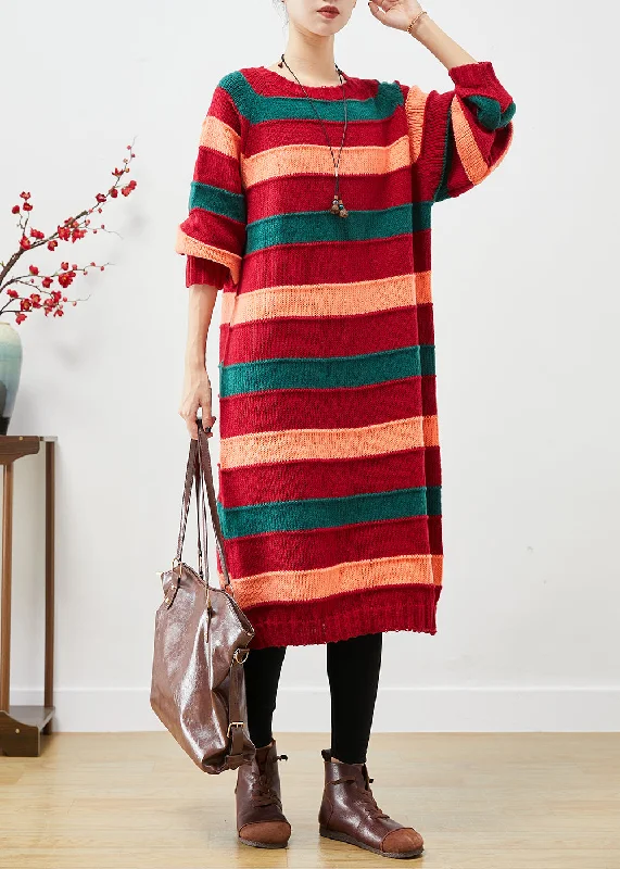 French Colorblock Oversized Striped Knit Sweater Dress Fall Holiday Sweater Dress