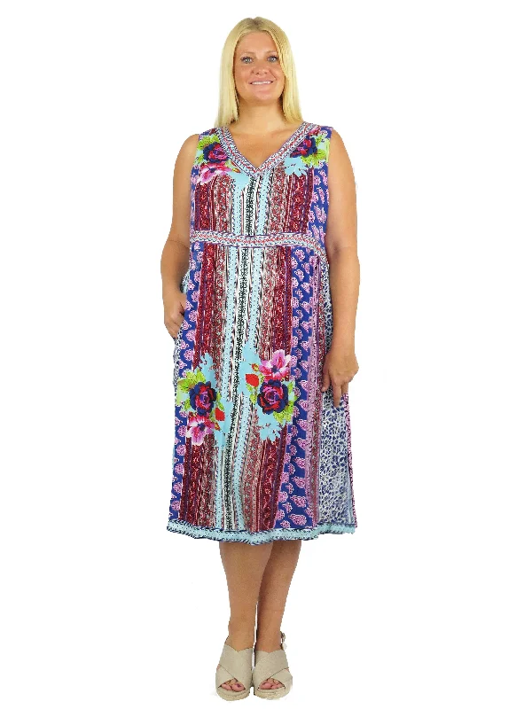 V-Neckline Empire Waist Border Print Dress - Plus Size Plus Size Colorblock