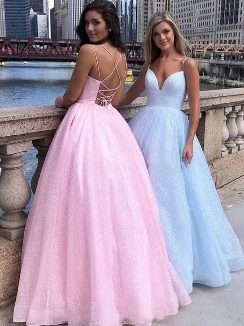 Elegant Glitter Tulle Sweetheart Spaghetti Strap Formal Dress Tulle Dress Fit