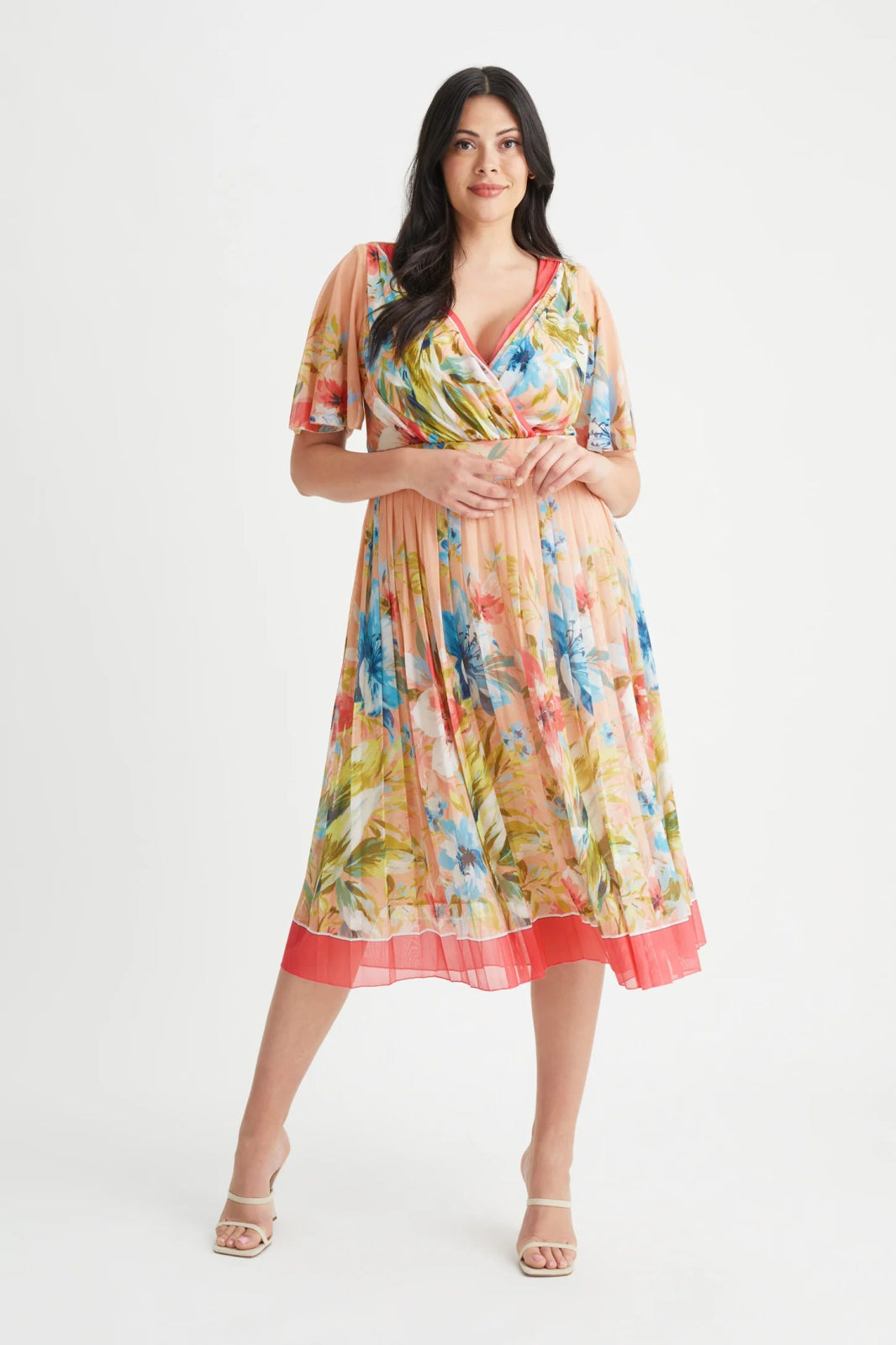 Scarlett & Jo Plus Size Cleo Pink Border Knife Pleated Skirt Wrap Midi Dress Plus Size Midi