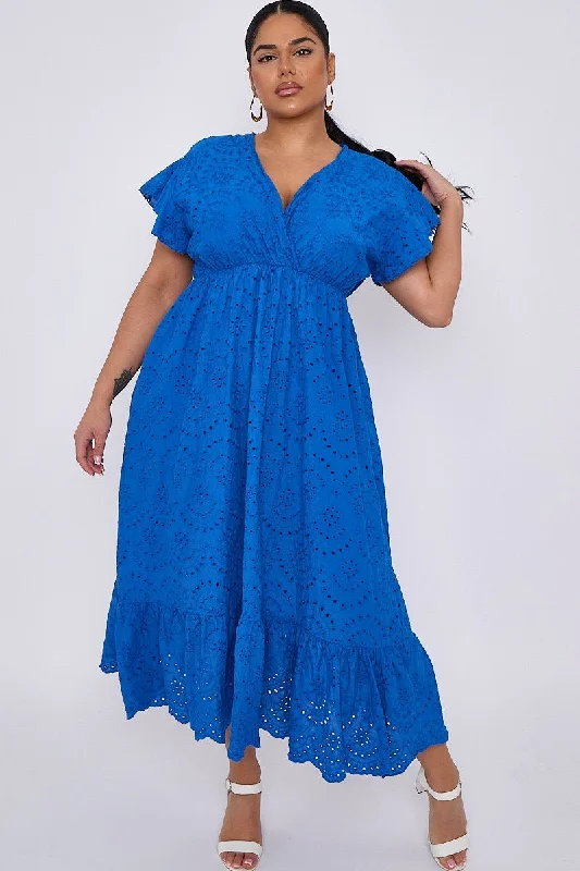 Plus Size Blue Broderie Lace Wrap Top Frill Hem Dress Stylish Plus Size