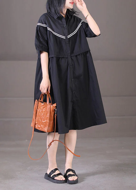 French Black Peter Pan Collar Patchwork Drawstring Cotton Shirt Dress Summer Shift Shirt Dress French Black Peter Pan Collar Patchwork Drawstring Cotton Shirt Dress Summer Shift Shirt Dress
