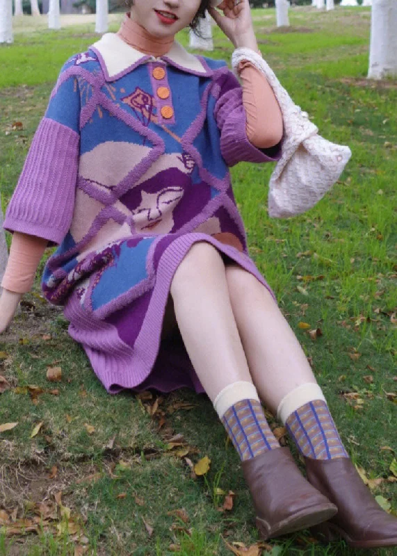 Casual Purple Peter Pan Collar Print Warm Cotton Knit Long Sweaters Dress Fall Stylish Knit Dress Casual Purple Peter Pan Collar Print Warm Cotton Knit Long Sweaters Dress Fall Stylish Knit Dress