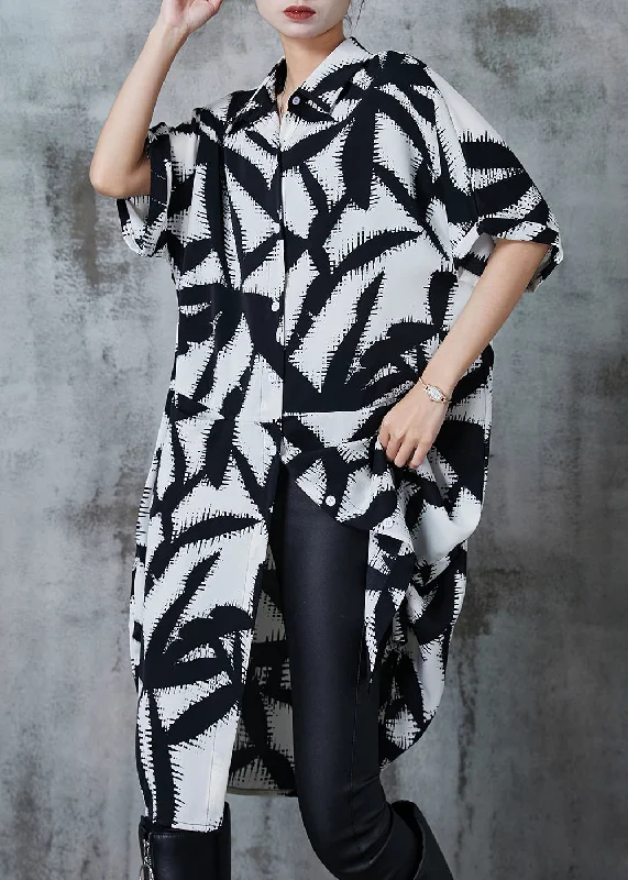 Organic Black Oversized Print Chiffon Shirt Dress Summer Button Front Shirt