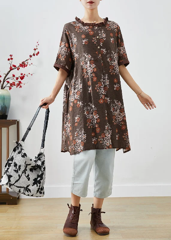 Coffee Print Linen Shirt Dresses Ruffled Summer Pleated Shirt Gown