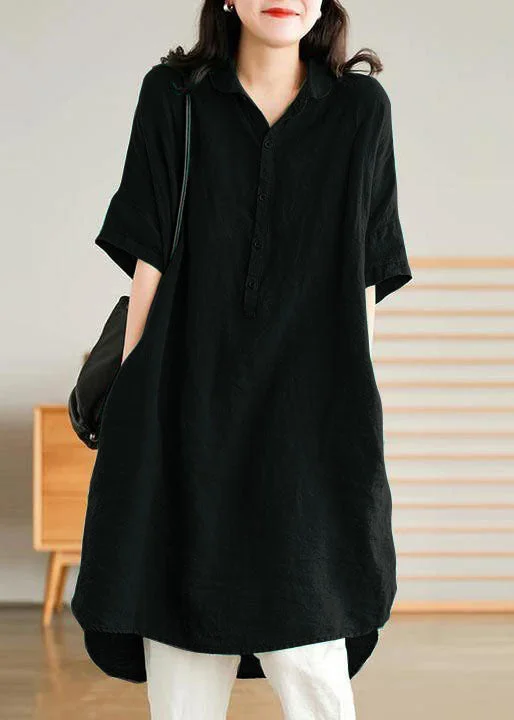 Black Linen Shirt Dress Summer Mid Dress Printed Shirt Dress