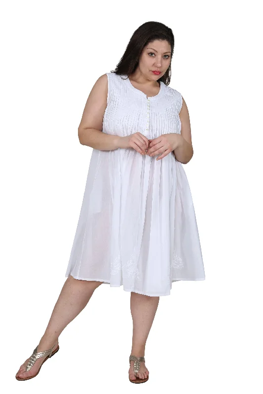 La Cera 100% Cotton Sleeveless Dress with Hem Embroidery - Plus Size Plus Size Ruched