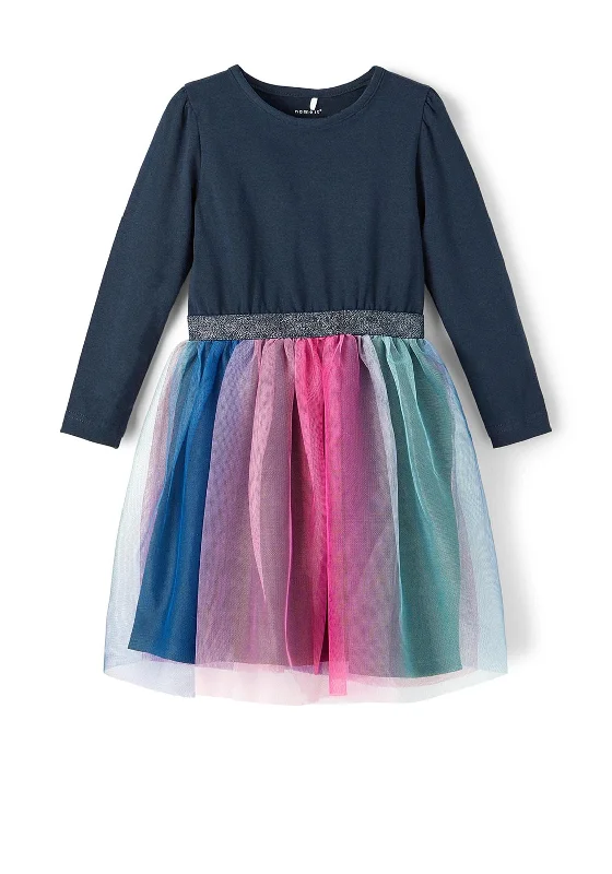 Name It Mini Girl Omina Long Sleeve Tulle Dress, Dark Sapphire Tulle Dress Shine