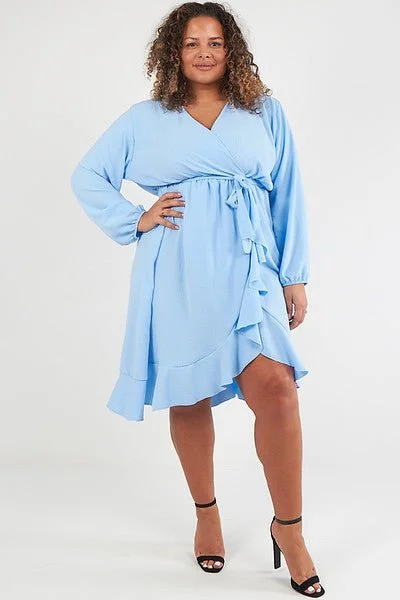 Baby Blue Plus Size Midi Wrap Dress With Ruffle Detail Plus Size Buttoned