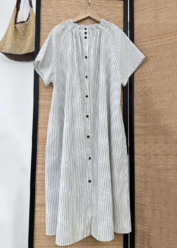 Loose Striped Ruffled Button Cotton Shirt Dress Summer A-line Shirt Dress