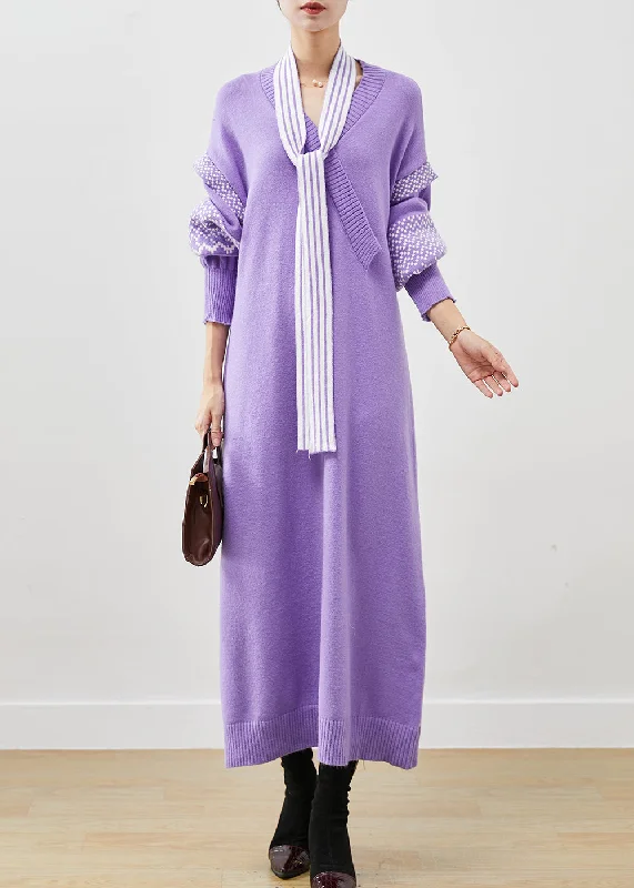 Classy Purple V Neck Patchwork Knit Long Sweater Lantern Sleeve Long Sleeve Knit Dress Classy Purple V Neck Patchwork Knit Long Sweater Lantern Sleeve Long Sleeve Knit Dress