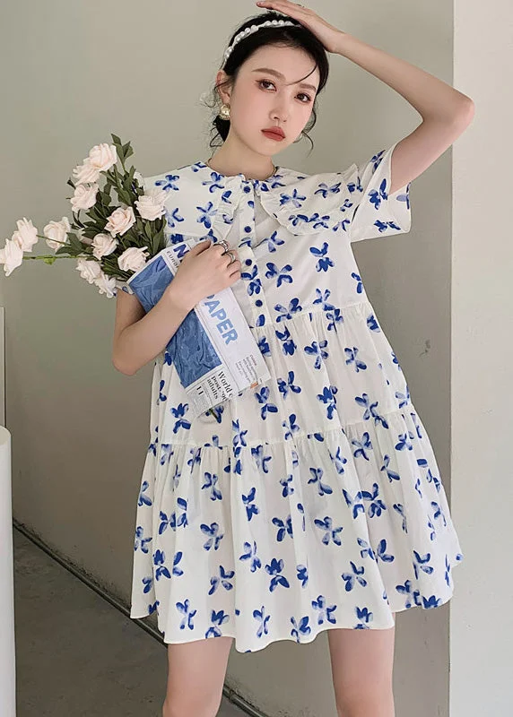 French White Peter Pan Collar Wrinkled Patchwork Print Cotton Shirt Dress Short Sleeve Flared Shirt Dress French White Peter Pan Collar Wrinkled Patchwork Print Cotton Shirt Dress Short Sleeve Flared Shirt Dress