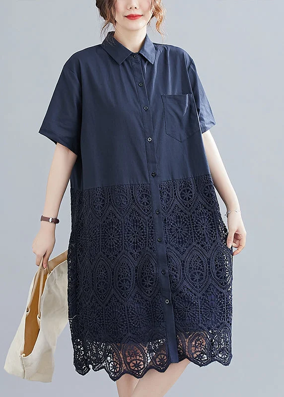 Fashion Navy Peter Pan Collar Button Lace Patchwork Hollow Out Shirt Dress Short Sleeve Fashion Shirt Dress Fashion Navy Peter Pan Collar Button Lace Patchwork Hollow Out Shirt Dress Short Sleeve Fashion Shirt Dress
