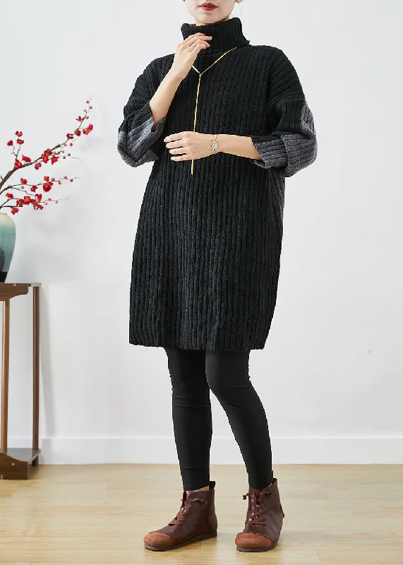 Italian Black Grey Turtle Neck Patchwork Knit Wear On Both Sides Sweater Dress Winter Comfy Knit Dress Italian Black Grey Turtle Neck Patchwork Knit Wear On Both Sides Sweater Dress Winter Comfy Knit Dress