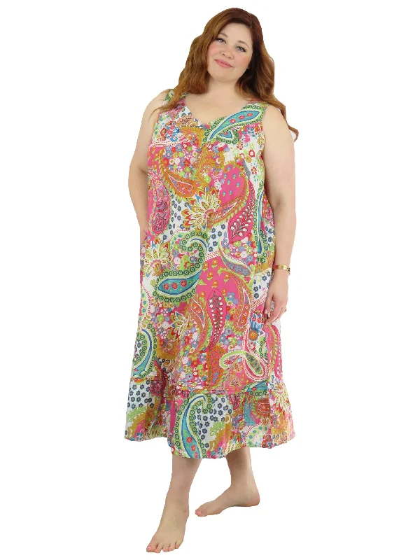 Vibrant Print Sweetheart Neck Gown with Pockets - Plus Size Boho Plus Dress