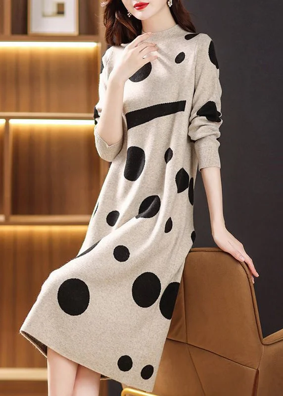 Casual Beige Turtleneck Print Patchwork Knit Long Sweater Fall Sweater Dress Twist